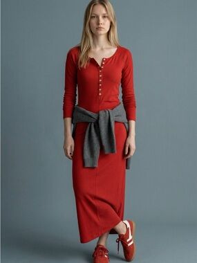 L*Space Women Red Henley Maxi Dress Long Sleeve Button Front Size S NWT